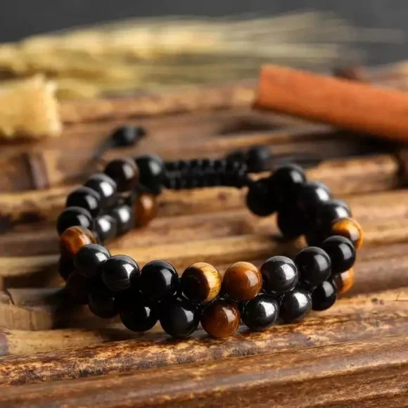 Triple Protection Tiger Eye Hematite Obsidian Beads Healing Women Men Bracelet - Picture 3 of 3